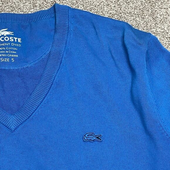Lacoste mens v-neck pullover sweater sz 5 blue long sleeve (flaws) - Picture 3 of 12